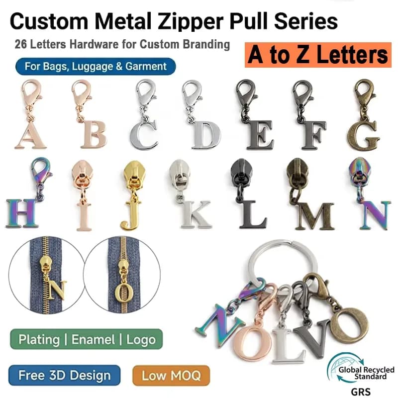 Custom Metal Letter Charm Zipper Puller Custom Zipper Pull Custom Logo Zipper, front view
