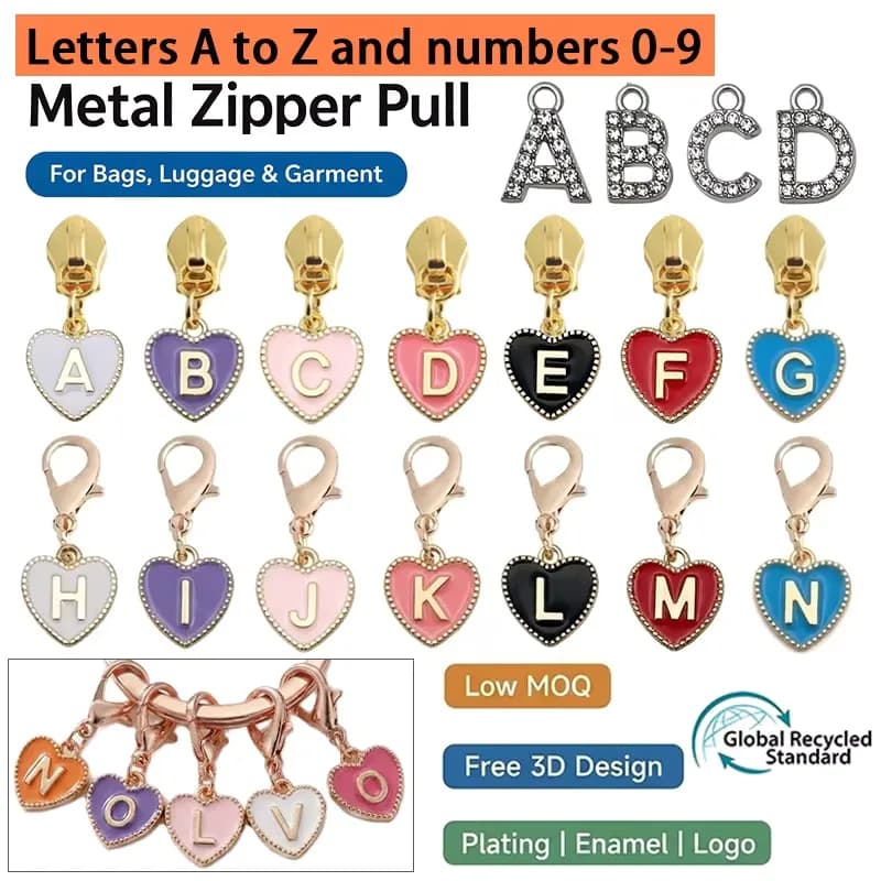 Colored Enamel Zipper Puller Diamond Initial Letter Pendant Zipper Head Zipper, front view