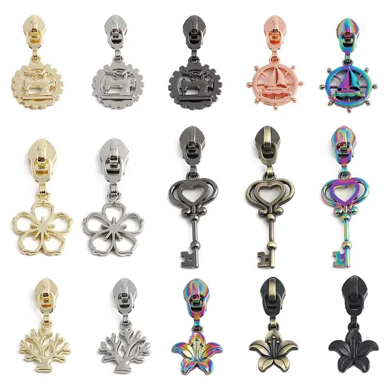Lily Flower Decorative Metal Zipper Slider Durable Colors Hoop Zipper Pulls, front view