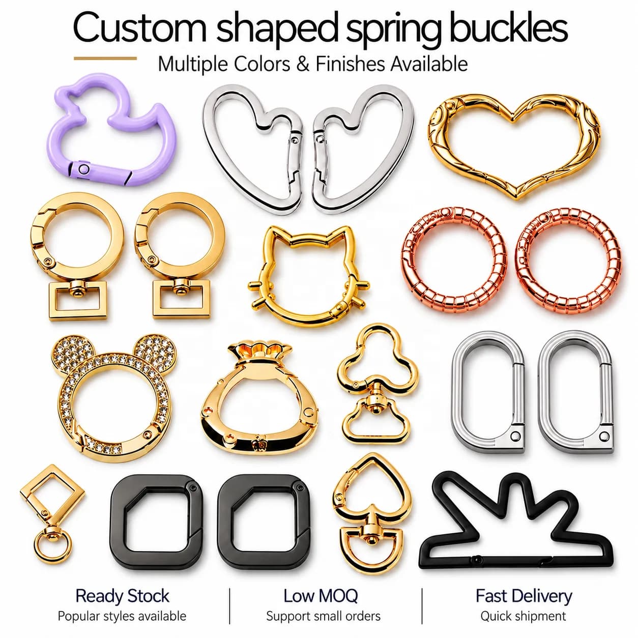 Custom Shaped Metal Spring Ring Clasps Colorful Heart Animal Star Snap Closure, front view