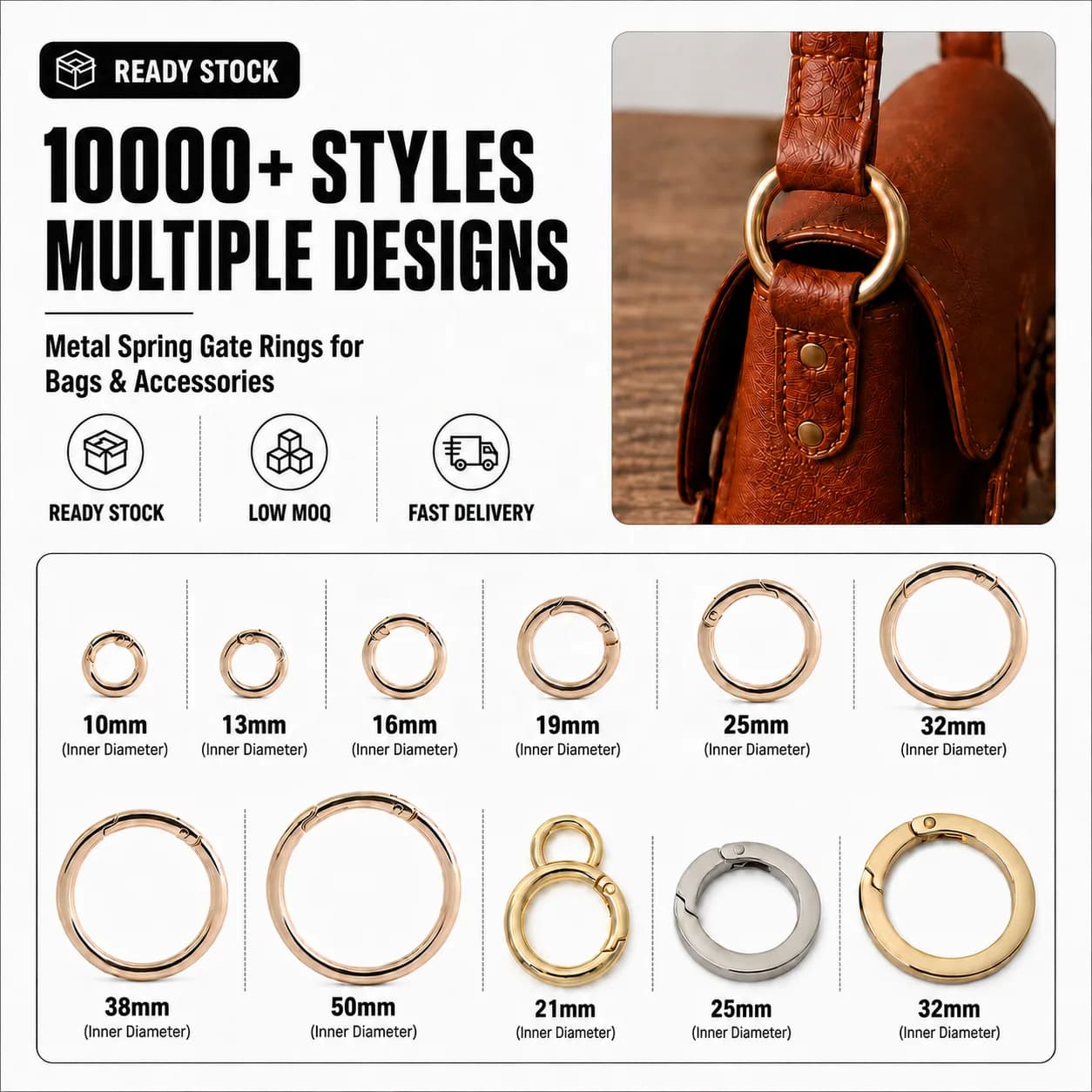 Custom Engraved Metal Opening O Ring Flat Spring Gate Clasp Round Snap Closure, front view