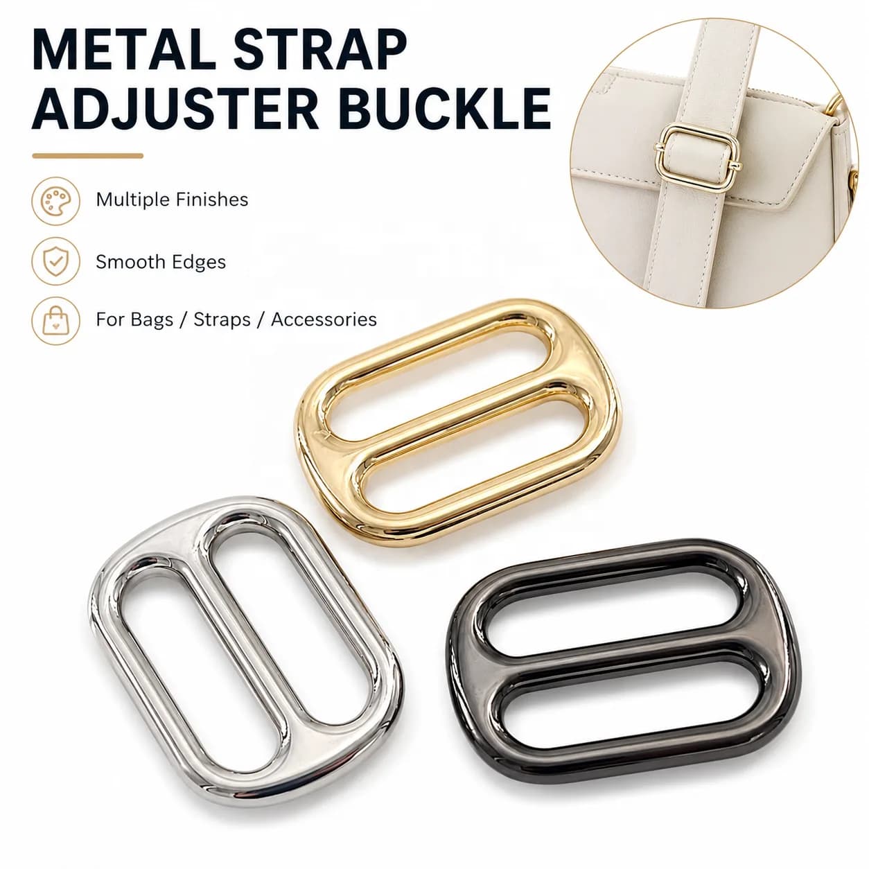Multi Purpose Adjustable Metal Flat Oval Tri Glide Buckle Reusable Solid Metal, front view