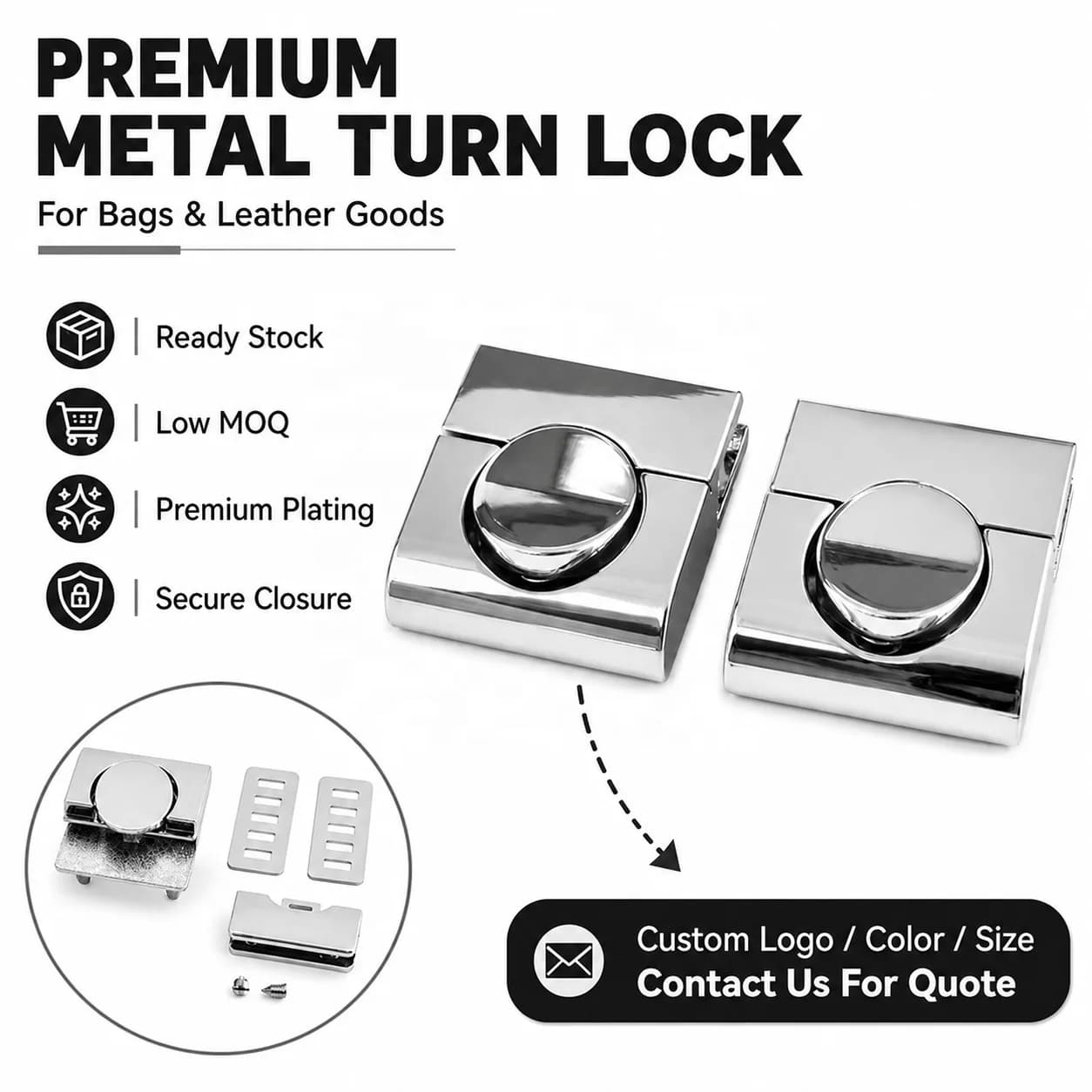 Durable Decorative Snap Square Push Lock Metal Replacement Clasp Lock Buckle, front view