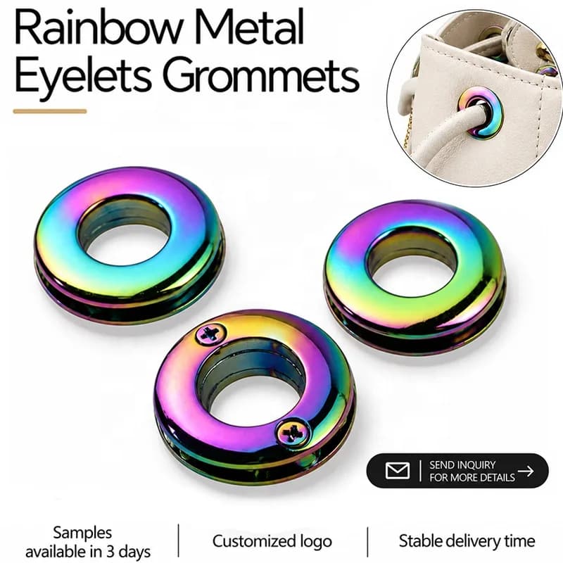 Rainbow Metal Screw in Eyelets Grommets Custom Detachable Round Threaded Eyelet, front view