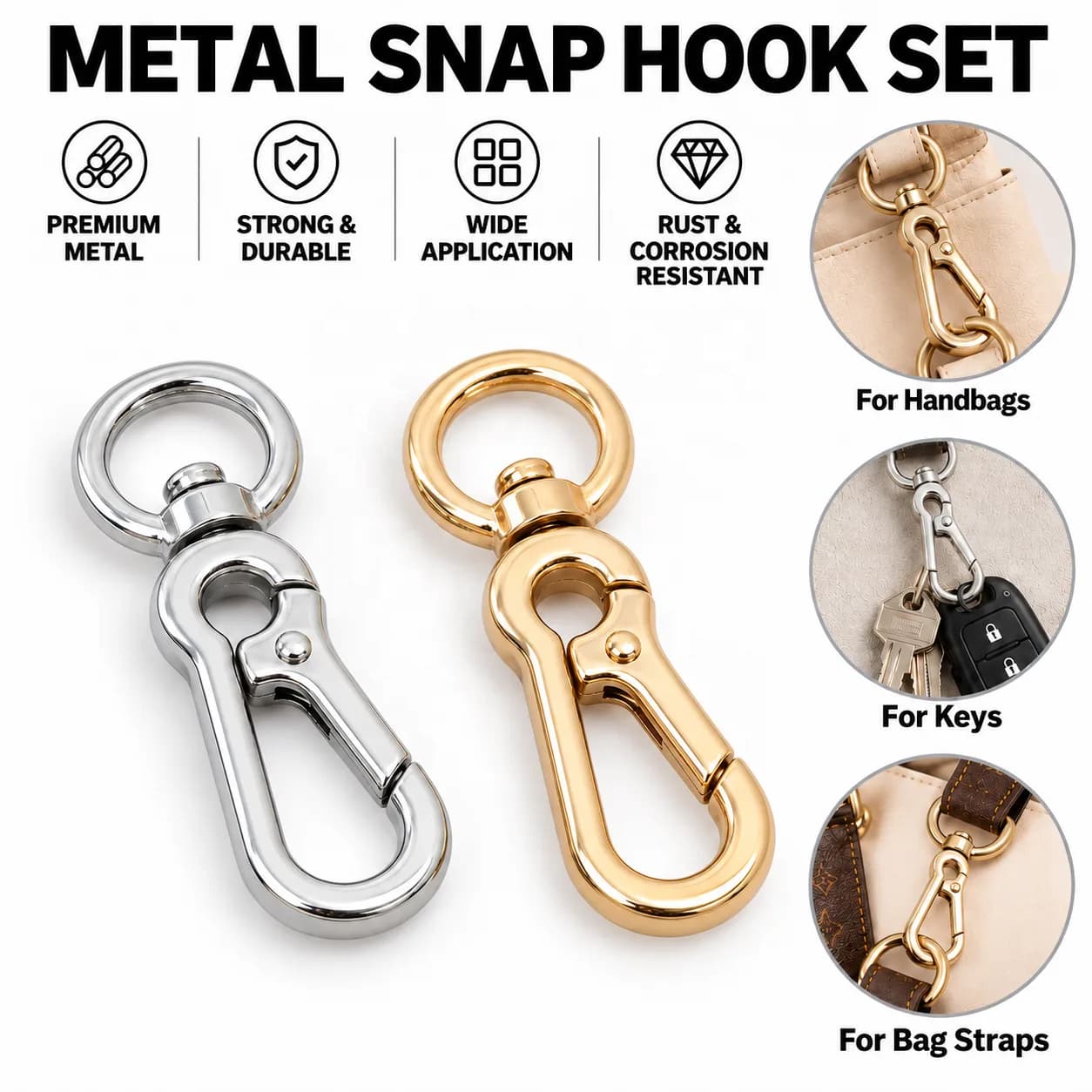 Fashionable Small Metal Handbag 360 Swivel Spring Carabiner Buckle Heavy Duty, front view