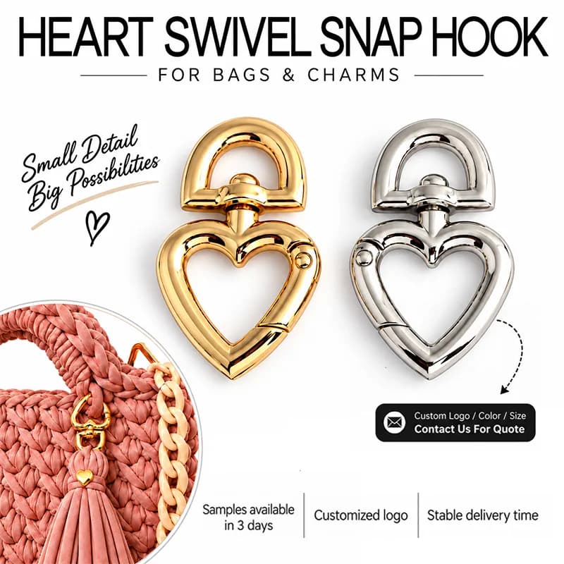 Love Shaped Metal Swivel Snap Hook Clasp Knitted Bags Spring Snap Closure, front view