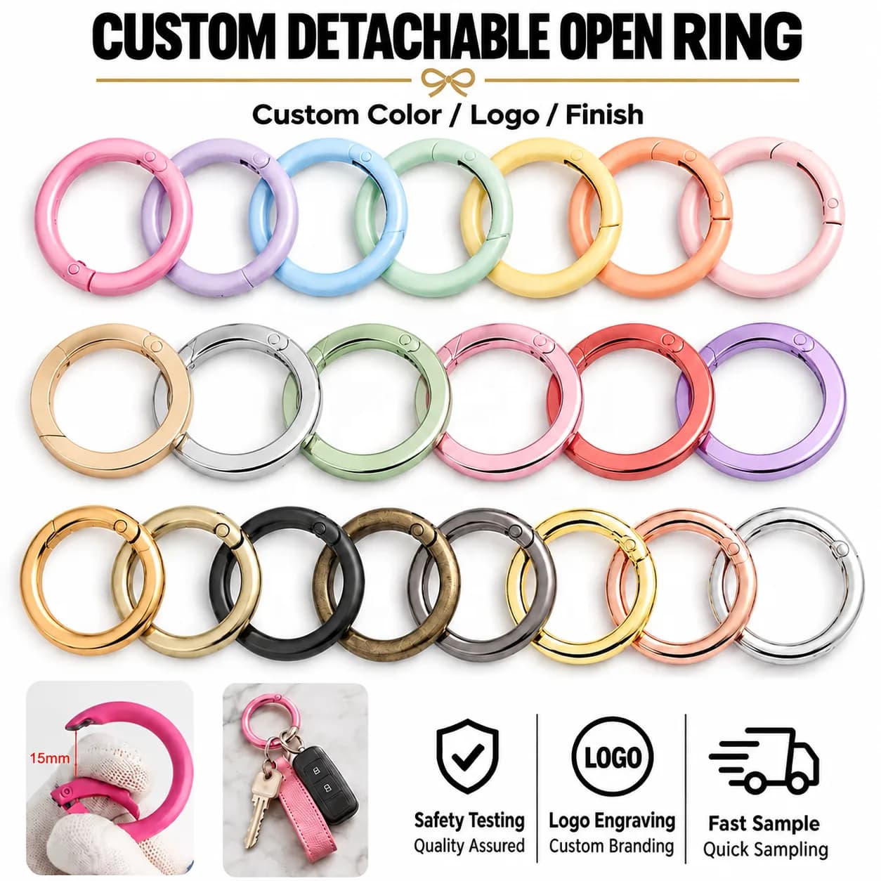 Durable Metal Trigger Spring O Rings Colorful Flat Carabiner Clip Snap Keyrings, front view