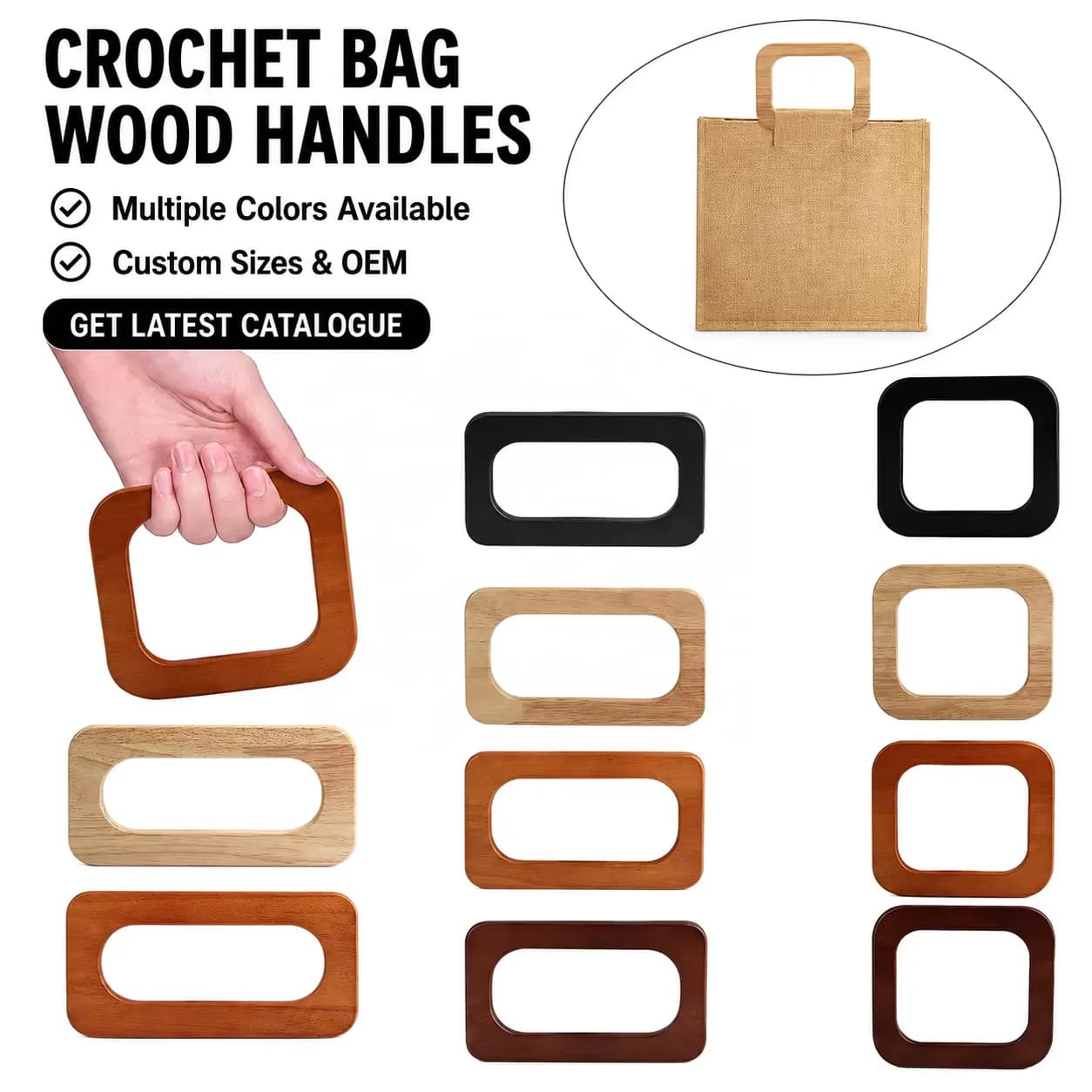 Custom Solid Oak Wood Bag Handles Square Rectangular Wooden Handles for Handbag, front view