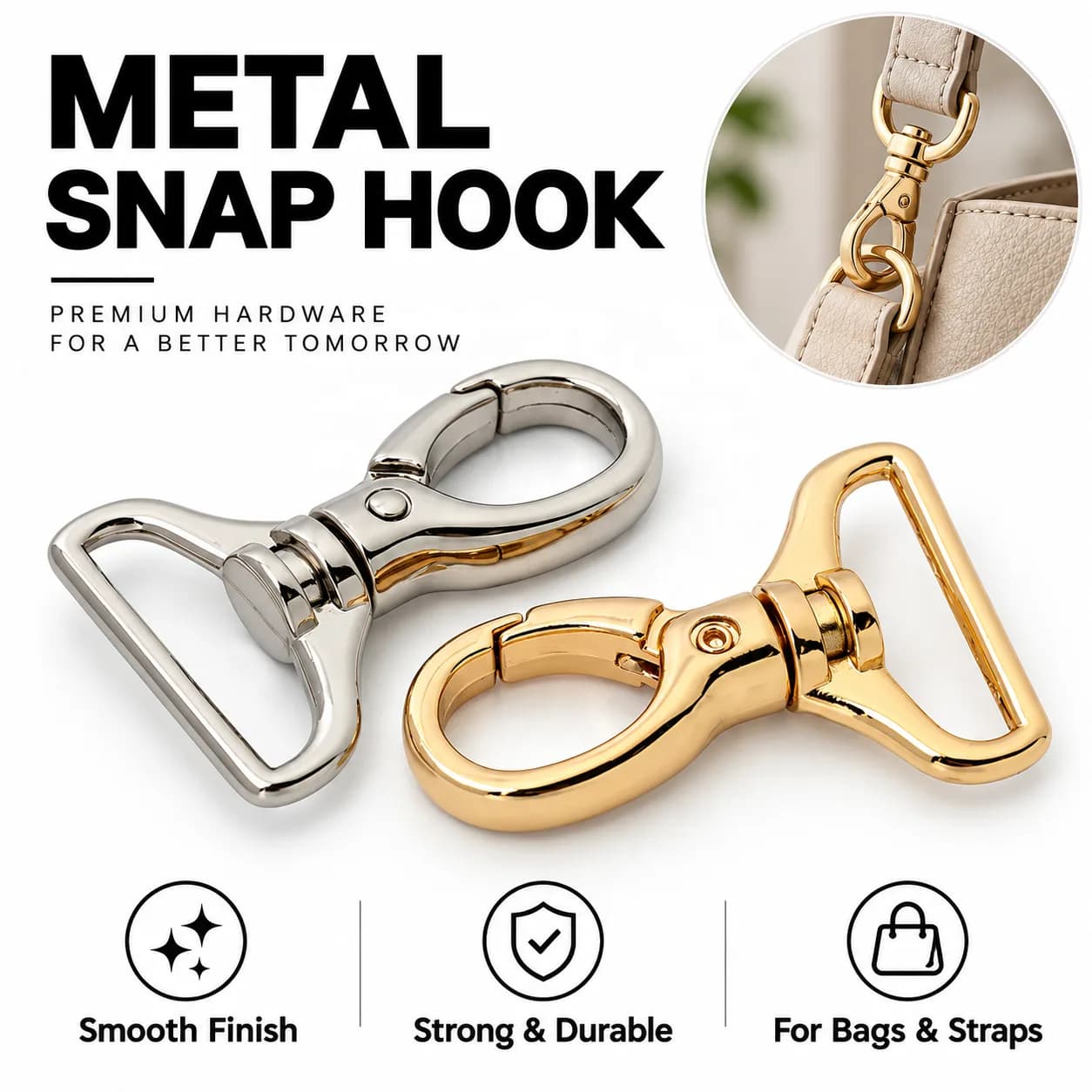 Durable Snap Hook Gold Metal Swivel Hook Snap Heavy Duty Customizable Bags Strap, front view
