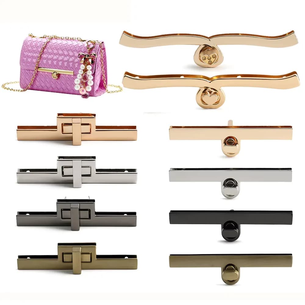 Metal Gold Long Locks for Bags Crossbody Bag Decoration Rectangular Turn Twist, front view