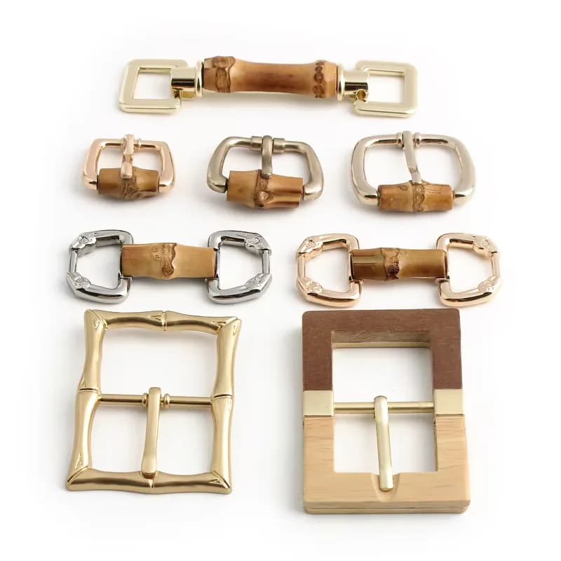 Natural Bamboo Rattan Buckle with Metal Plate - Handmade Logo Tag for Handbags, front view