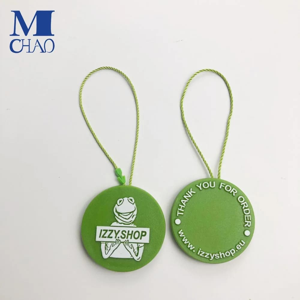 Custom Eco-Friendly Green 38mm Hangtag String Single Plug Round Plastic Seal Tag for Bags Shoes and Watches- - view 1