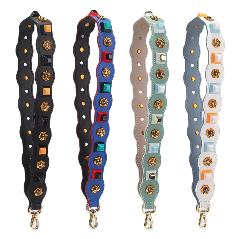 Fashion Customized Making Leather Long Body Shoulder Straps Decorative Rivets, front view