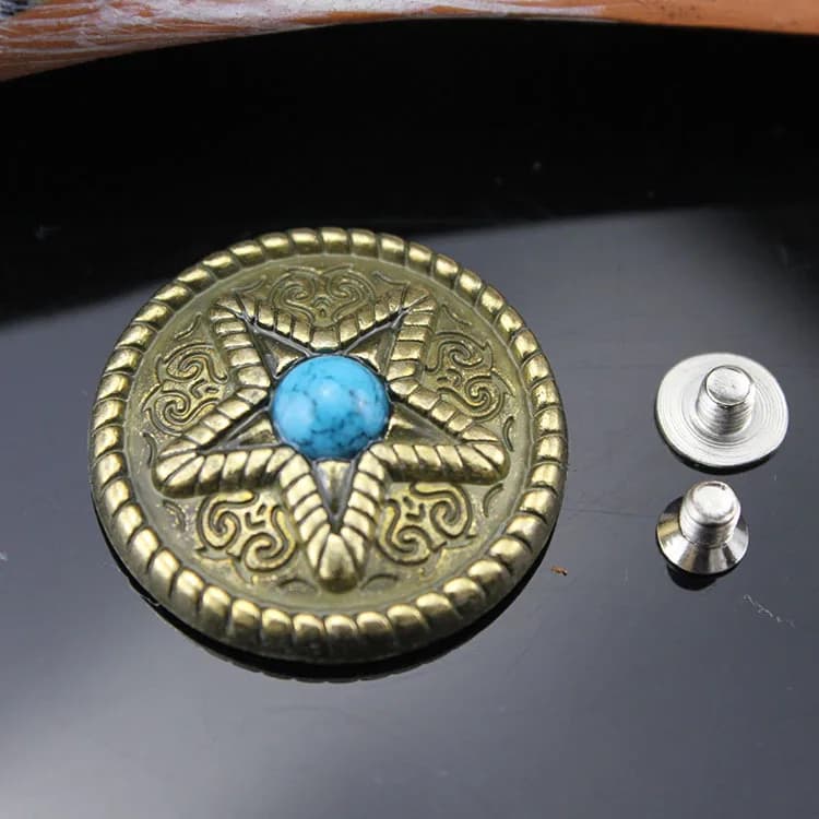 Custom Metal Coin Button Long Top Design Western Conchos for Leather, front view