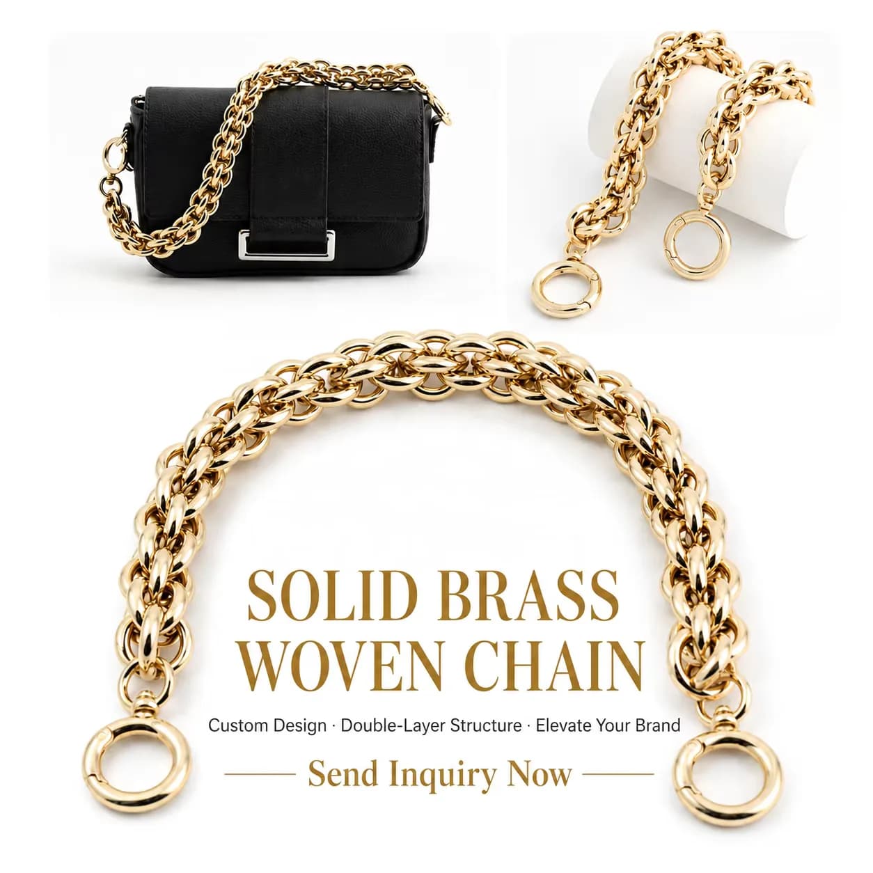 PVD Gold Plated Brass Bag Chain Copper Handbag Chains With Two O-Ring Chains, front view