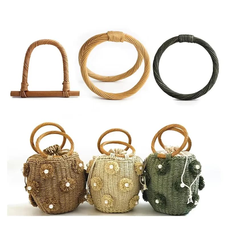 Round Rattan Purse Frame - Natural Woven Bag Handle for DIY Handbag, Bohemian, front view
