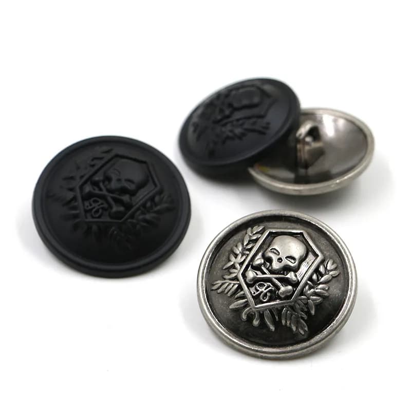 Good Quality Embossed logo Round Shank Hand Sewing Metal Skull Buttons for, front view