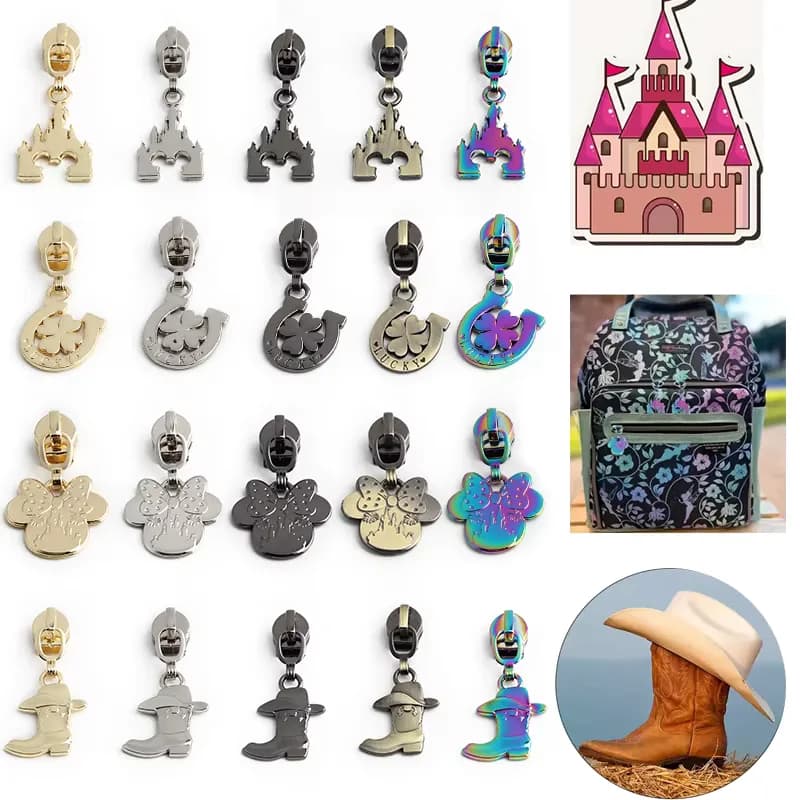DIY Custom No5 Zinc Alloy Zipper Head Zip Lock Head Puller Logo Embossed Castle, front view