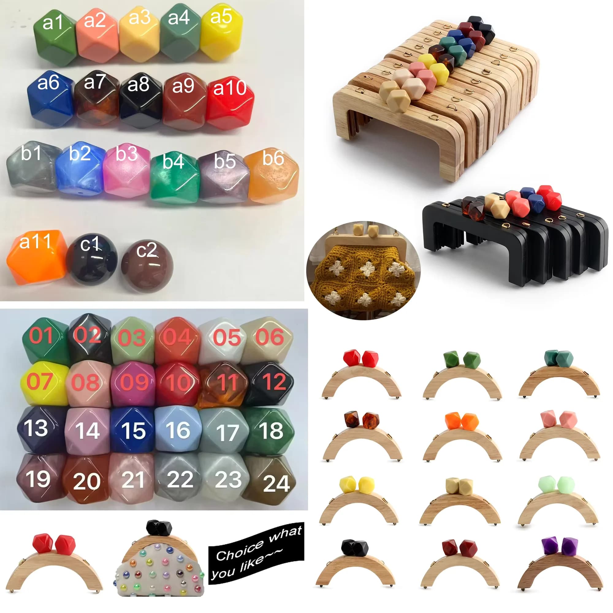 14cm 20cm Kiss Clasp Bag Purse Frame - Wood & Acrylic Bead Closure for DIY Bag, front view