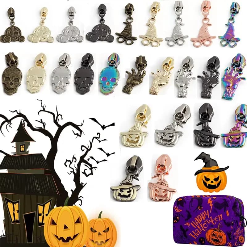 Halloween Exclusive Pumpkin Size #5 Skull Zipper Pull Nylon Tape Compatible, front view