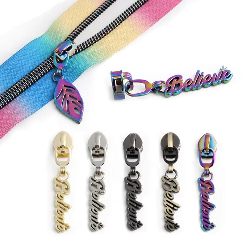 BELIEVE Personalized Custom Logo Zinc Alloy Metal Zipper Slider 5# Nylon Zipper, front view