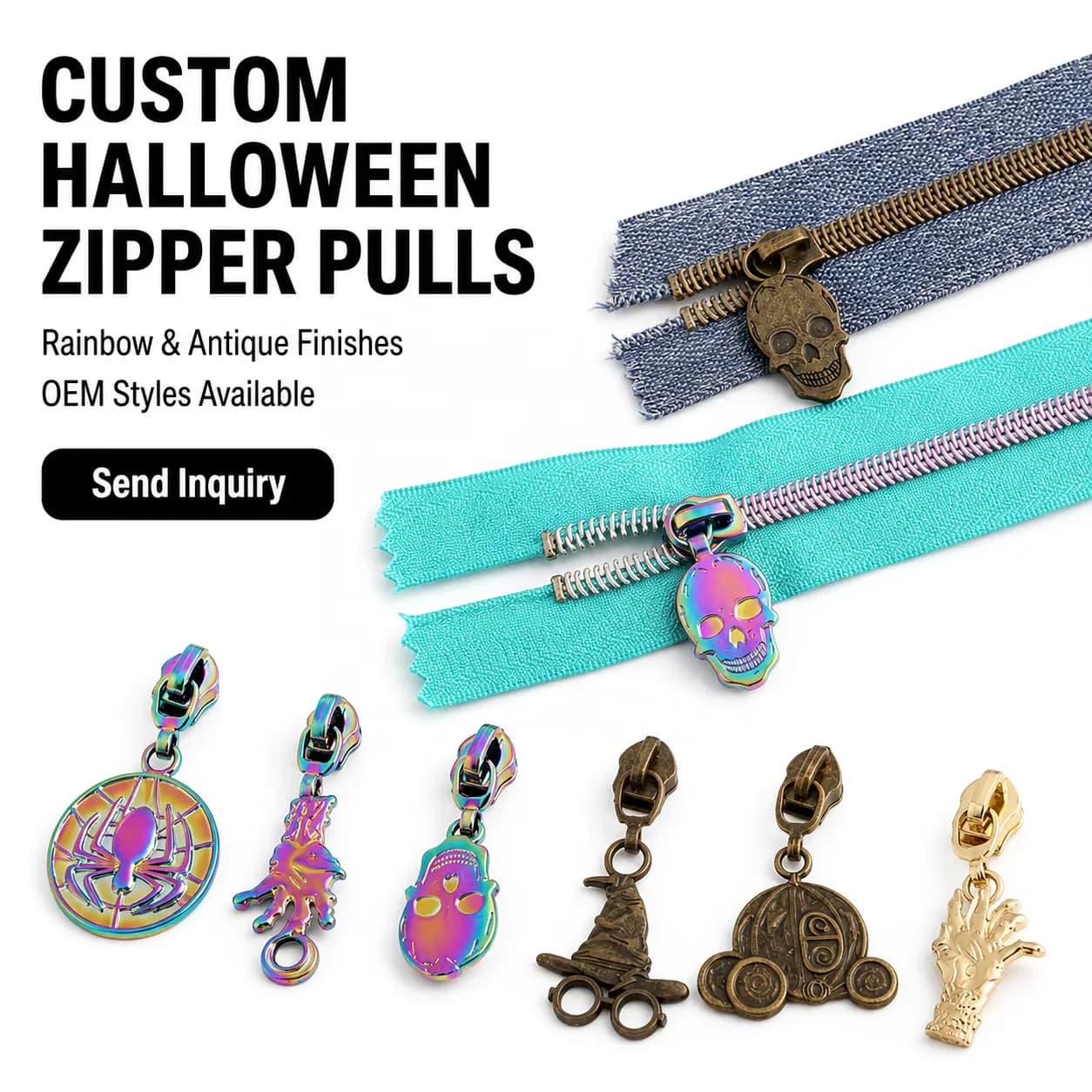 Halloween Eco-Friendly Non-Lock Zipper Pulls Fancy Pumpkin Skeleton Metal Jack, front view