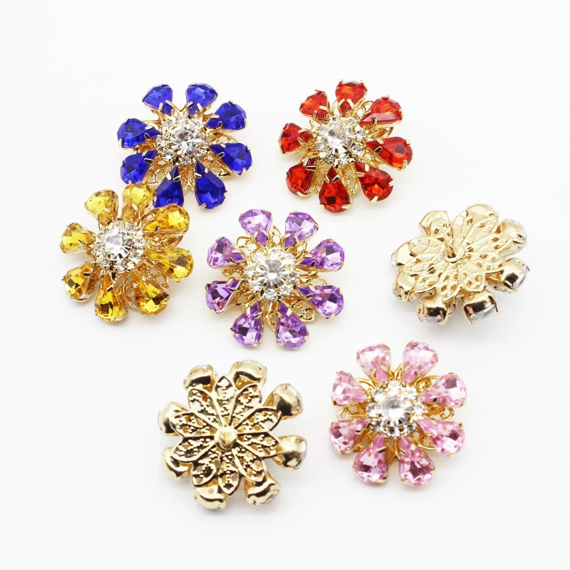 Fancy Alloy Sewing Button Round Crystal Snap Color Rhinestones Flower Shank, front view
