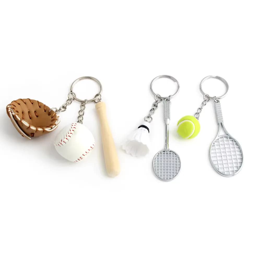Key Chain Mini Tennis Racket Key Ring Baseball Badminton Alloy Key Chain Cute, front view
