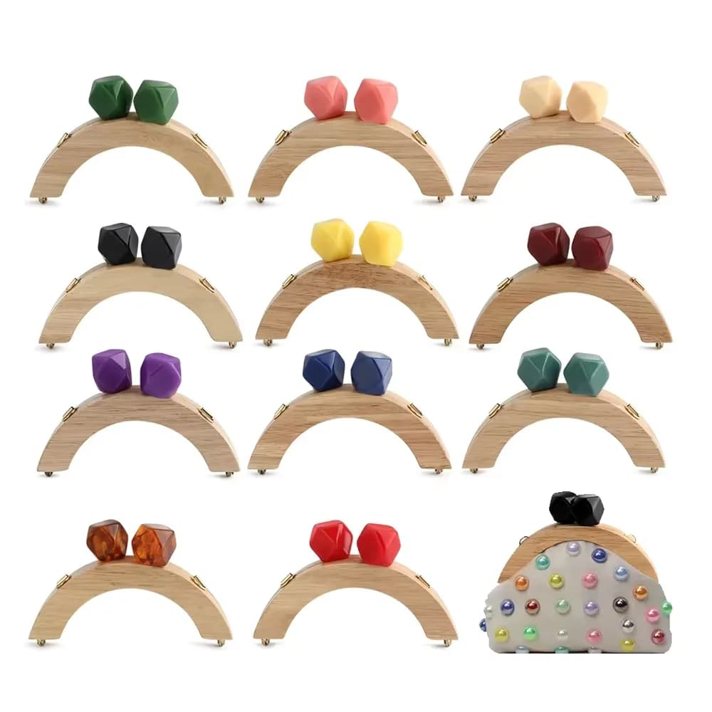 DIY Wood Circular Bag Handle with Beaded Kiss Lock - Colored Mini Purse Frame, front view