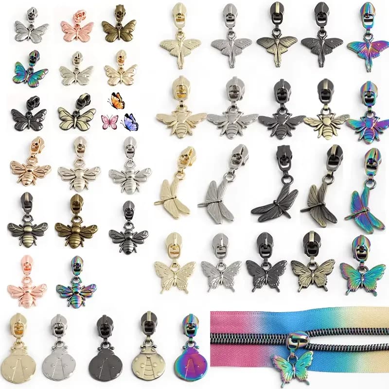 Large Stock Metal 5# Nylon Zipper Puller Rainbow Plating Colorful Fancy Insect, front view