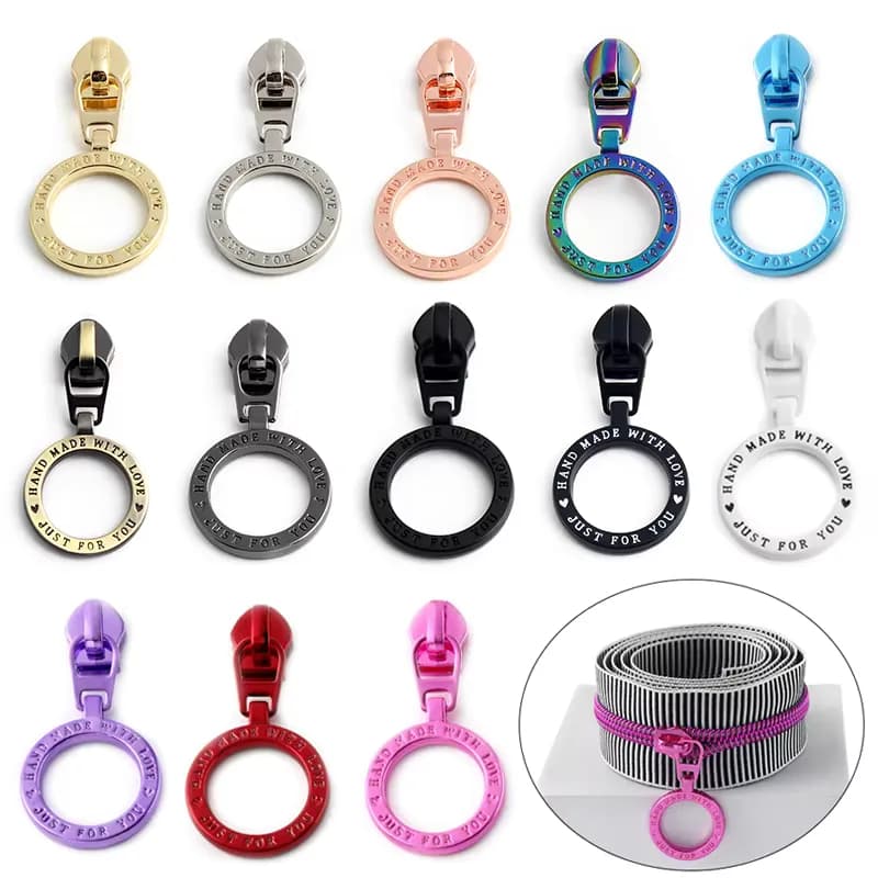 Round Ring Shape Metal Accessories Zipper Puller Embossed 3D Logo Zipper Slider, front view