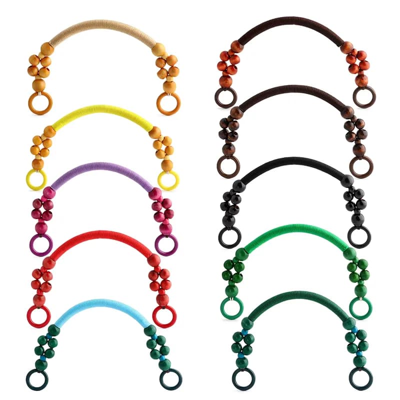 Wood Bead Bag Handles with Webbing Straps - Natural Wooden Beaded Rope Handles, front view
