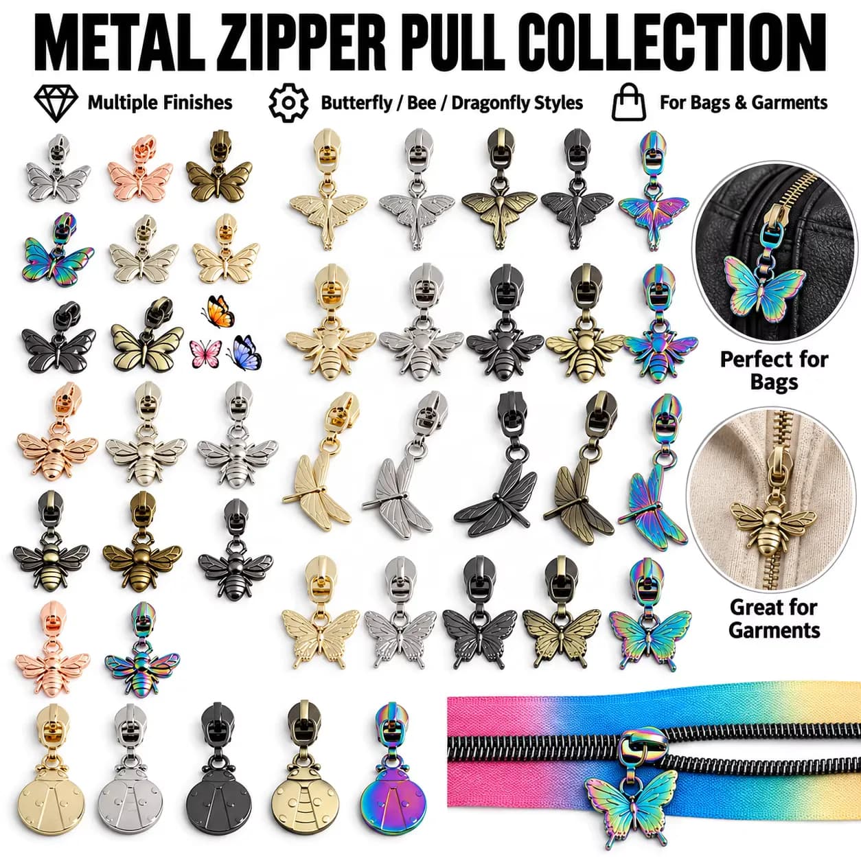 Custom insect Metal Zipper Pull Collection Replaceable repair 5# nylon zipper, front view