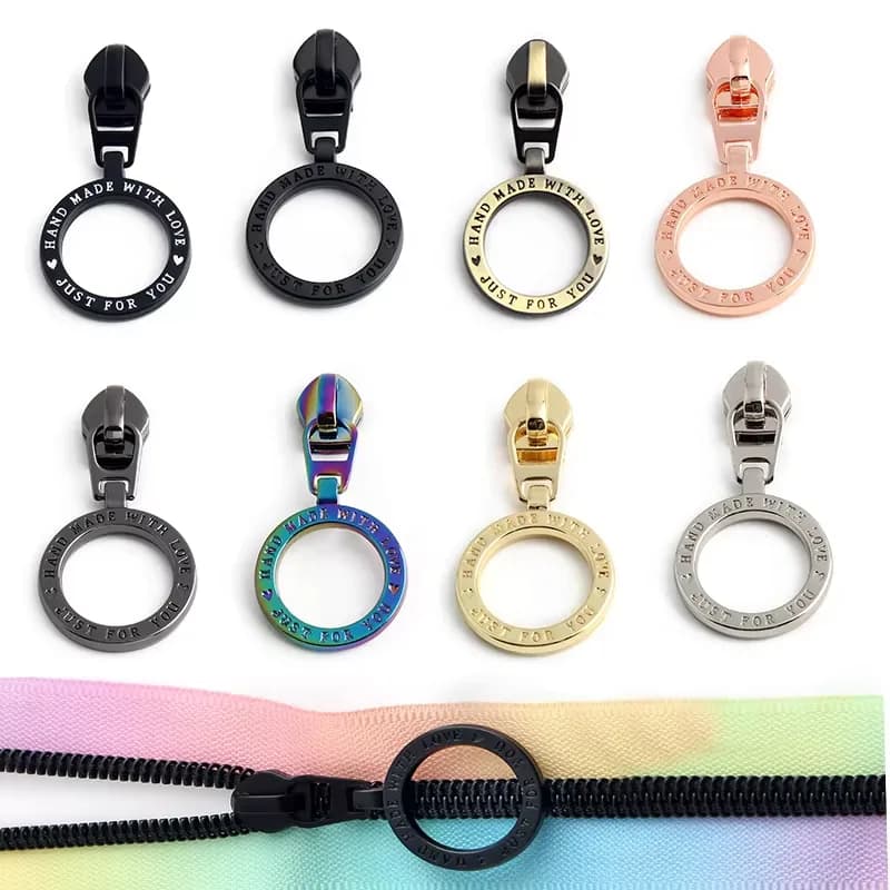Custom Metal Zipper Slider Embossed Handmade 3D Logo 5# Nylon Round Ring Circle, front view