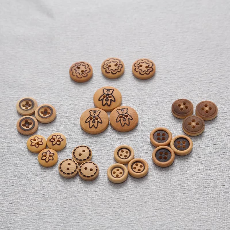 Round Shaped Natural Poplar Wood Buttons Blackened Four-Hole Design 20mm for, front view