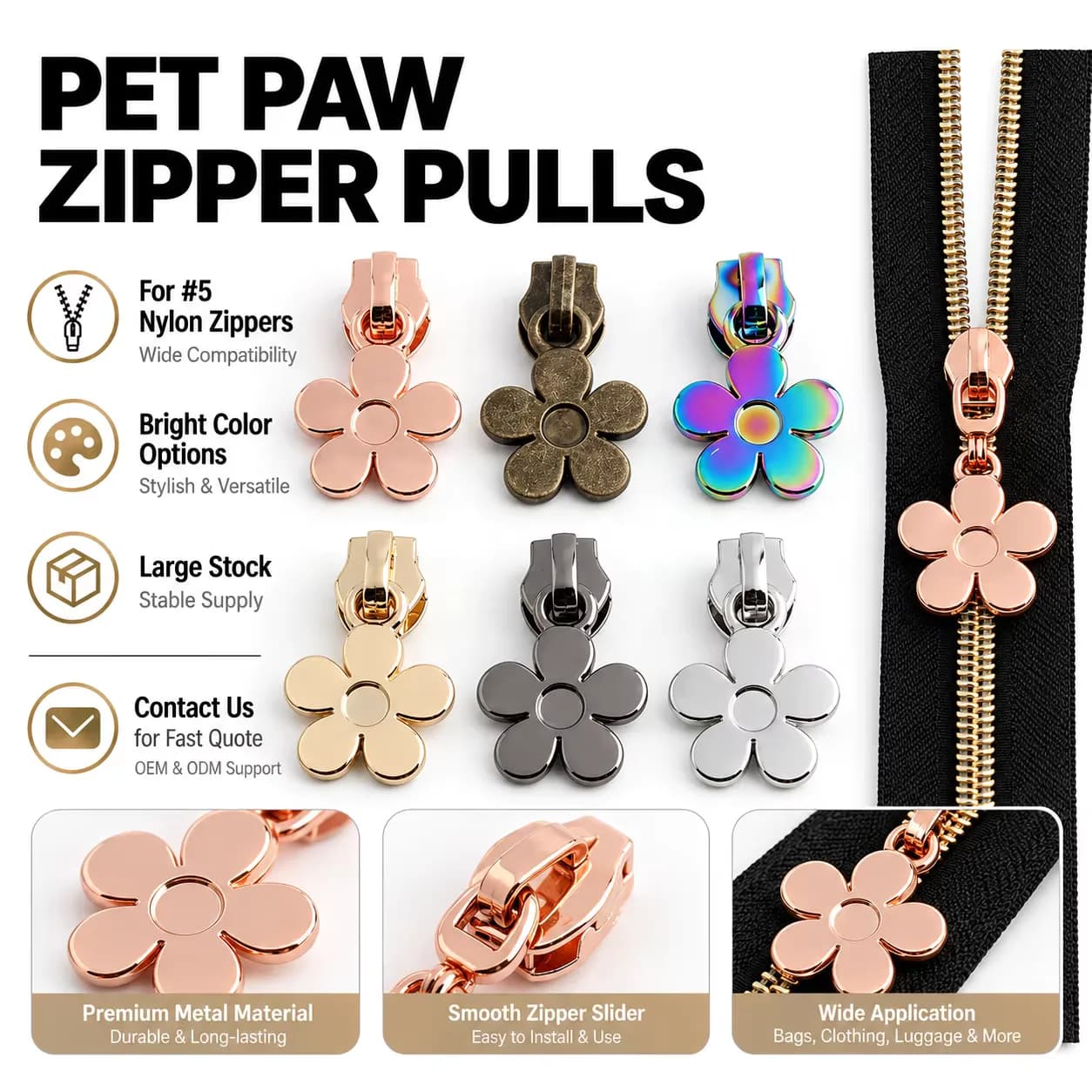 Multi-Use Flower Metal Shape Zipper Pulls Colorful DIY Zipper Puller 5# Nylon, front view