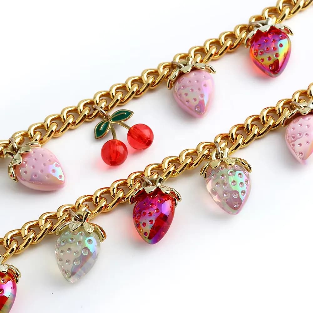 Strawberry Cherry Love Pendant Charm - Heart Shape Keychain with Extension Chain, front view
