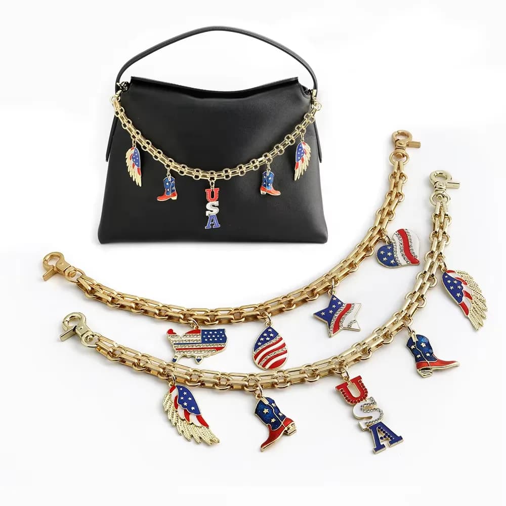 American Flag Enamel Charm Chain-Security Portable Patriotic Bracelet Bag Chain, front view