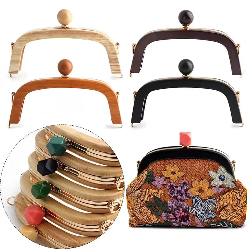 Solid Wood Round Beads & Kiss Lock Frame, Arc Bag Handles, Metal Screws for DIY, front view