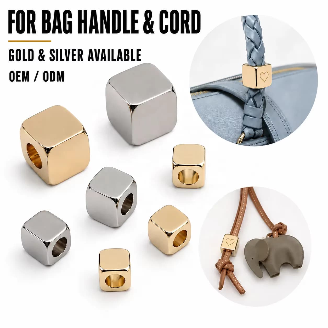 Custom Chunky Cube Dice Charm Laser Engraved Logo Large Hole Metal Bead, front view