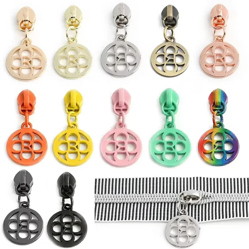 Handmade 5# Nylon Zipper Puller Custom 3D Embossed Metal Slider for Purse Bag, front view