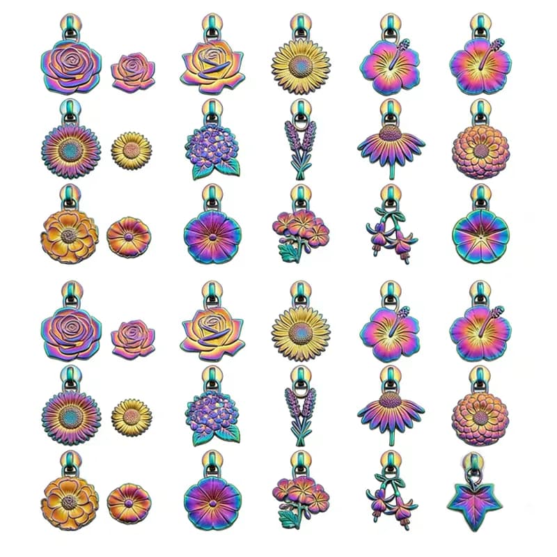 Handmade 5# Nylon Flower Zipper Puller Pulls Custom 3D Embossed Floral Metal, front view