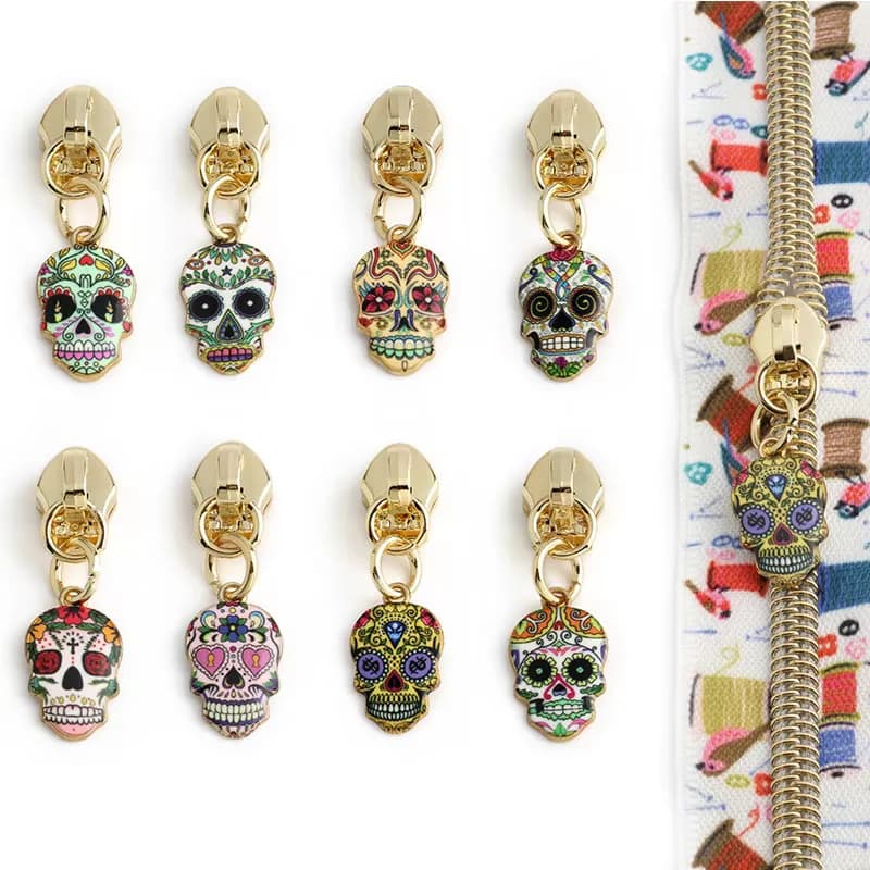 Zinc Fashion Colorful Sugar Skull Zipper Pullers for #5 Nylon Zips DIY Halloween, front view