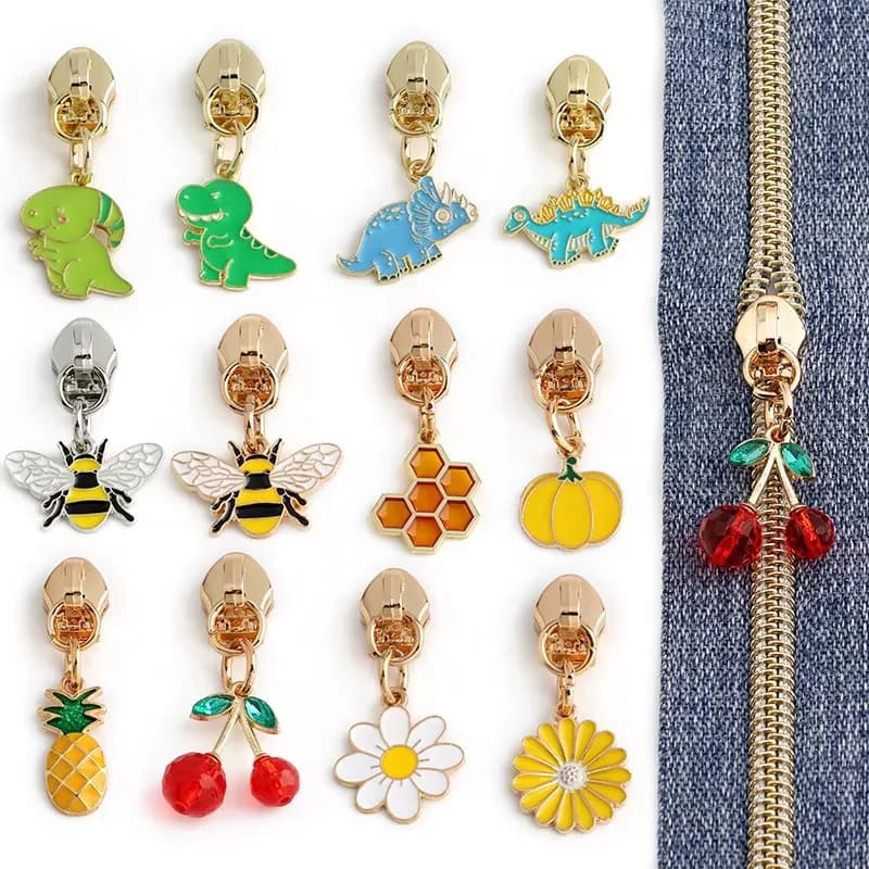 Oil-Drop Enamel Zipper Pullers, Cute Dinosaur Bee Fruit Flower Charms for #5, front view
