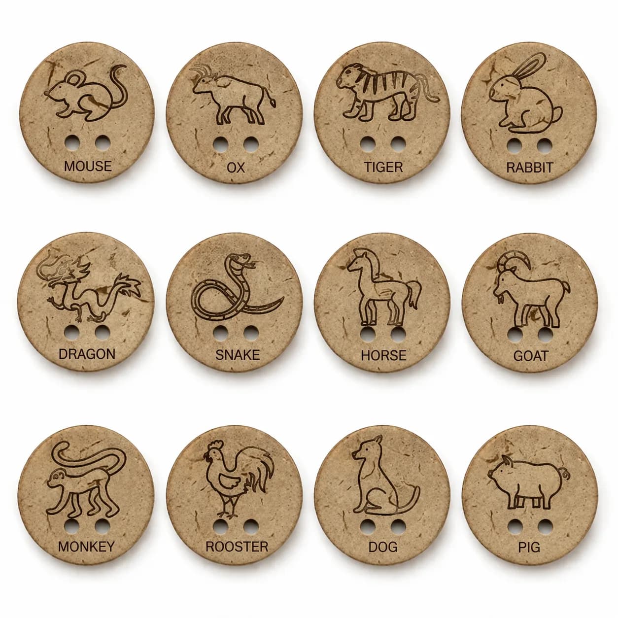 9mm-25mm Eco-Friendly Engraved Chinese Cartoon Animals 12 Zodiac 2 Holes, front view
