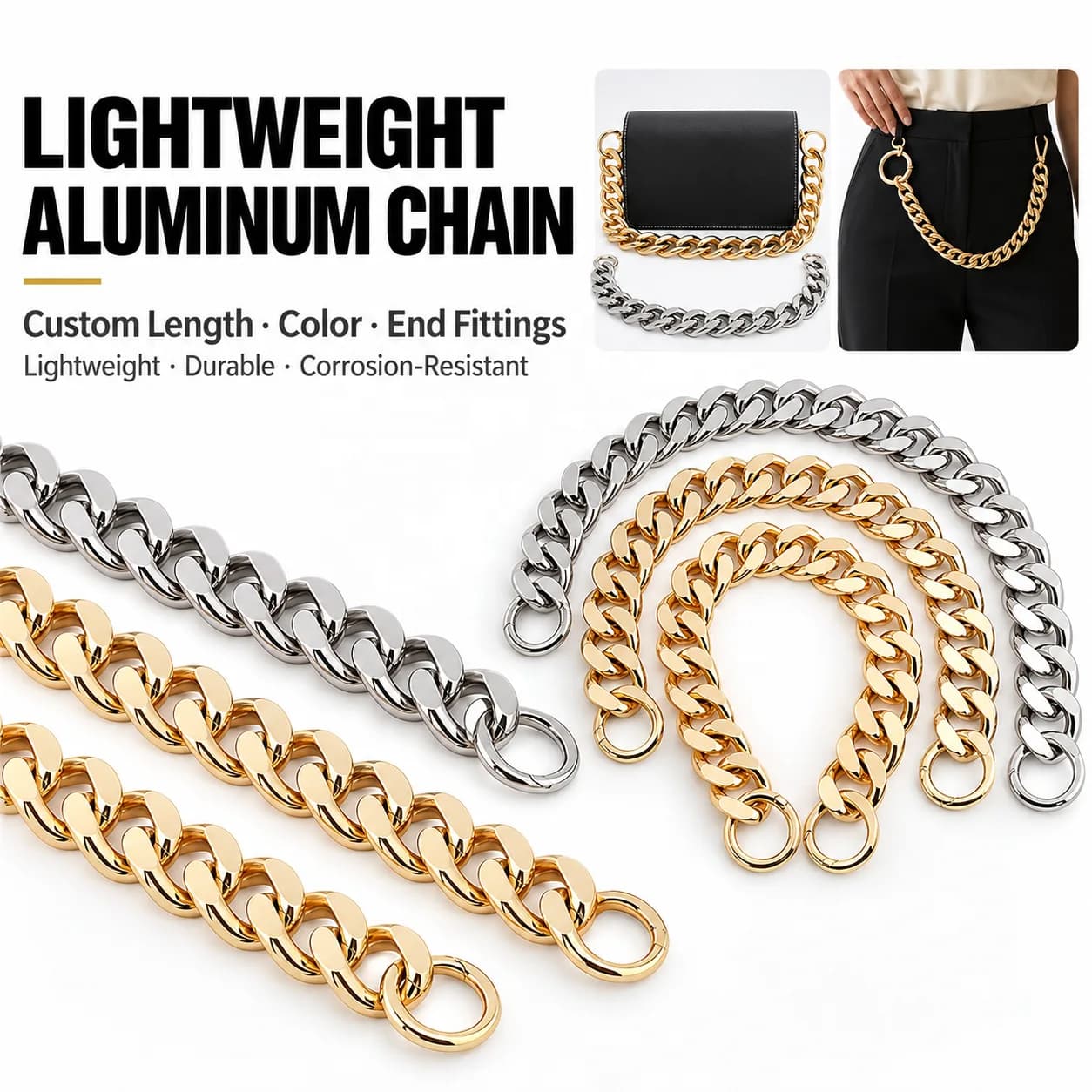 Lightweight Durable Aluminum Chain Chunky Flat Links for Handbags Luggage, front view