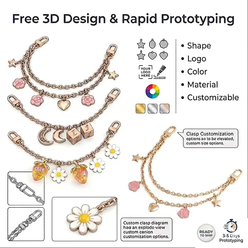 Metal Chain Bag Charm Featuring Pendants for High Fashion Designer Purses, front view