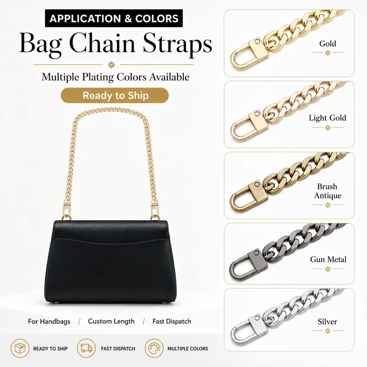 Customized Iron Flat Wide Bag Chains Chunky Purse Crossbody Chains With Lobster, front view