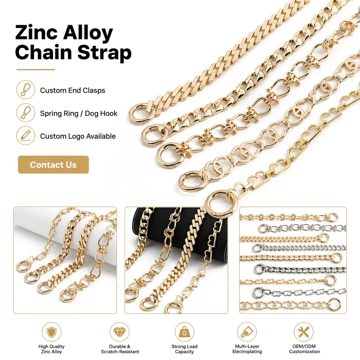 Zinc Alloy Thick Gold Bag Chain Making Handmade Designer Strap Clip Customised, front view