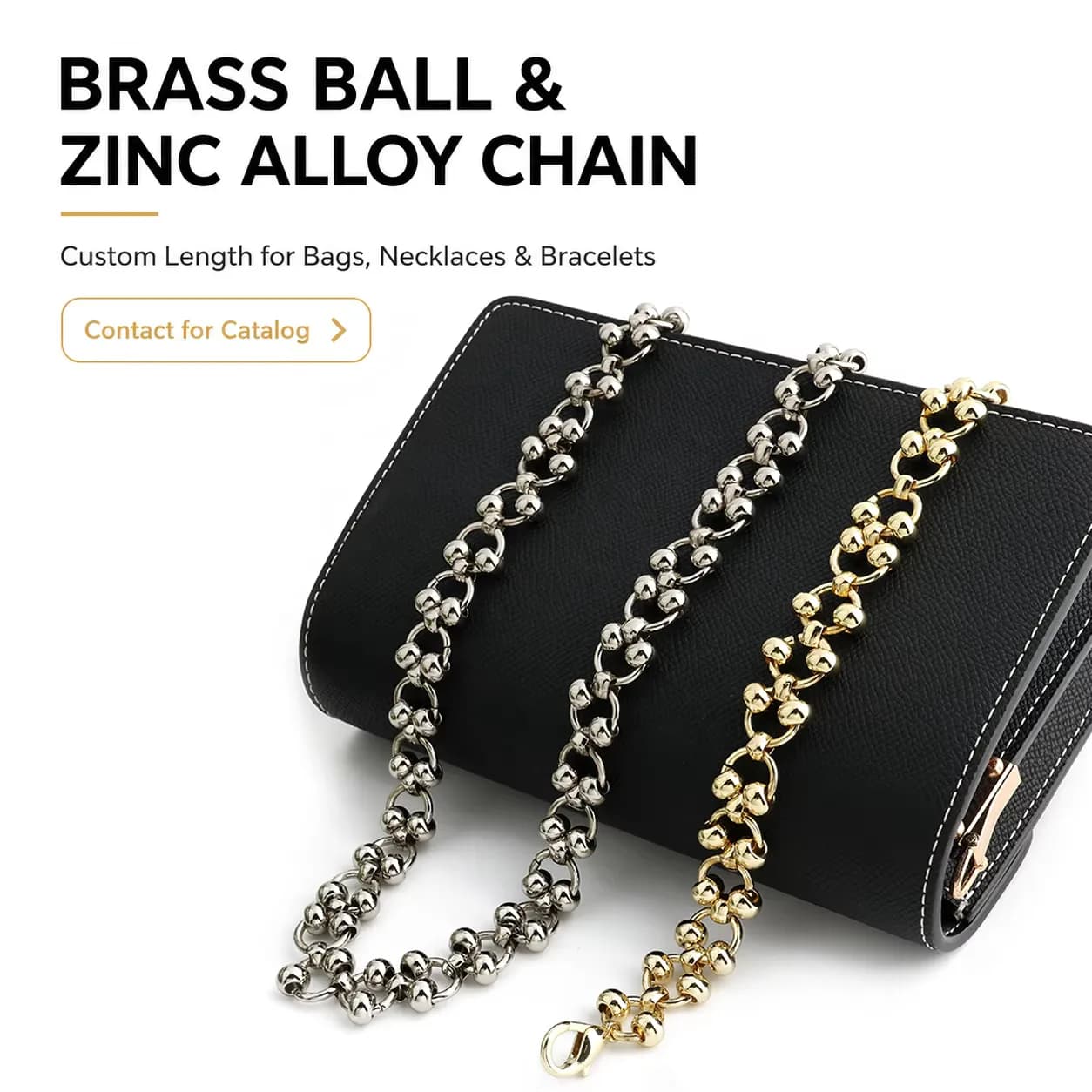 Brass Ball Zinc Bag Chain Gold Custom Shape Shoulder Wallet Necklace Bracelet, front view